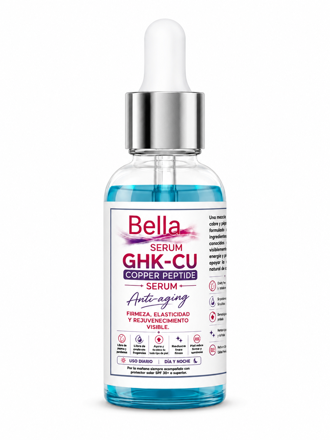 Bella GHK-CU Copper Peptide Serum | Suero Facial Reafirmante e Hidratante Anti-Aging 30 ml