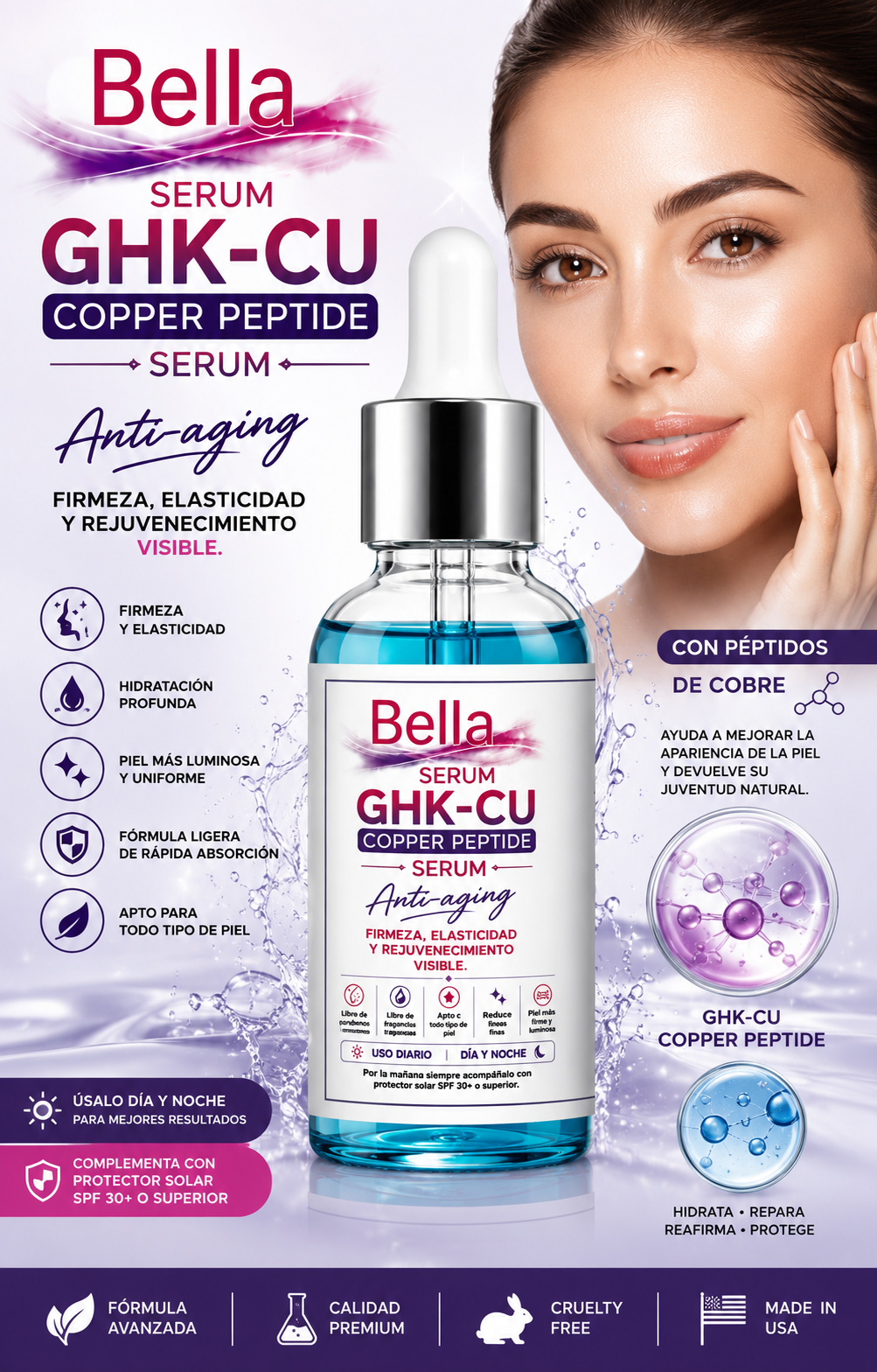 Bella GHK-CU Copper Peptide Serum | Suero Facial Reafirmante e Hidratante Anti-Aging 30 ml