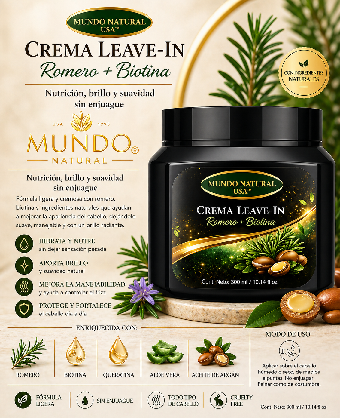 Crema Leave-In Romero + Biotina con Queratina | Hidratación, Brillo y Control de Frizz