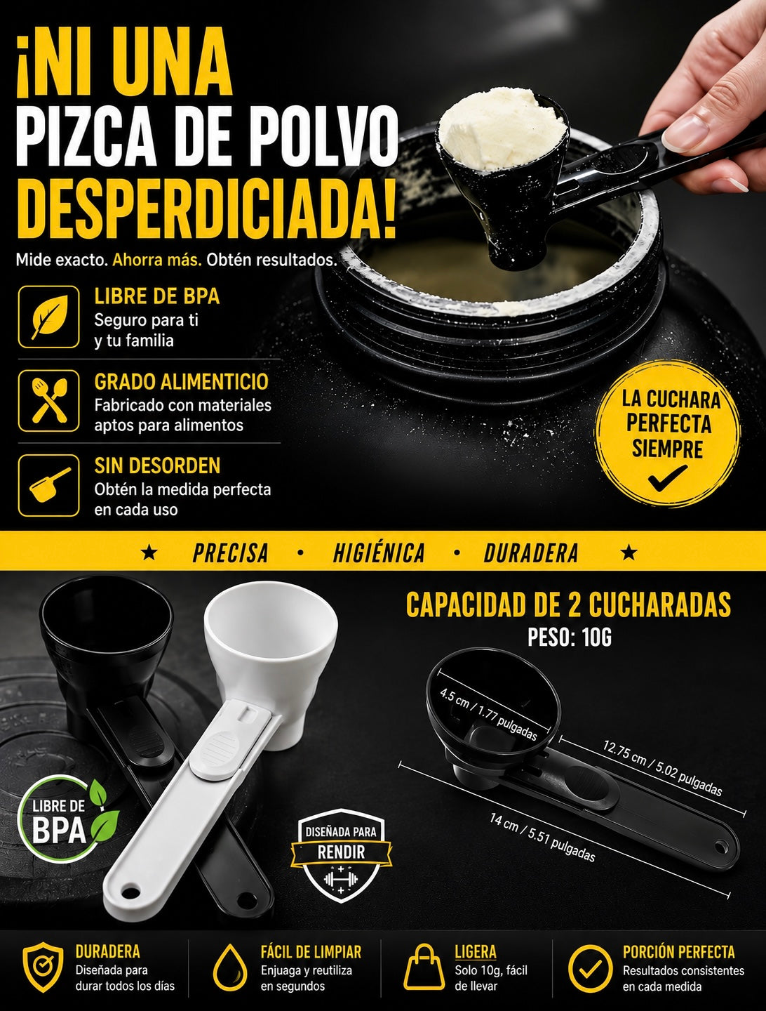 Cuchara medidora premium para proteína en polvo, suplementos y café | 2 Cucharas de grado alimenticio libre de BPA