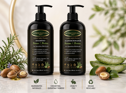 Kit Dúo Romero + Biotina con Queratina (Shampoo + Acondicionador) | Hidratación, Brillo y Cabello Suave, Brillante y Manejable