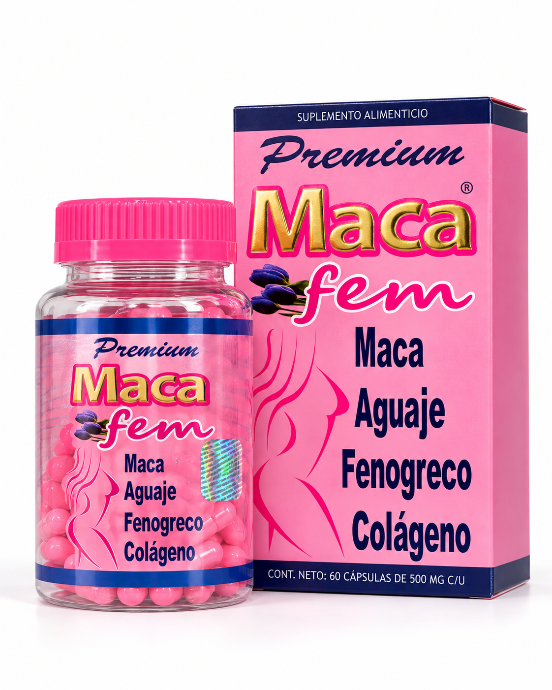 Premium Maca Fem con Aguaje, Fenogreco y Colágeno | 60 Cápsulas