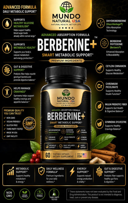 Mundo Natural USA Berberine+ GLP| Advanced Metabolic Support Formula | 60 Capsules