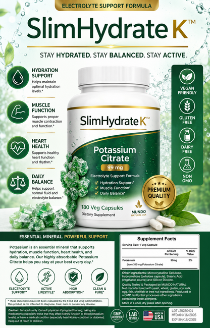 SlimHydrate Potasio Citrate 99mg – Electrolyte Support Formula | 180 Veg Capsules