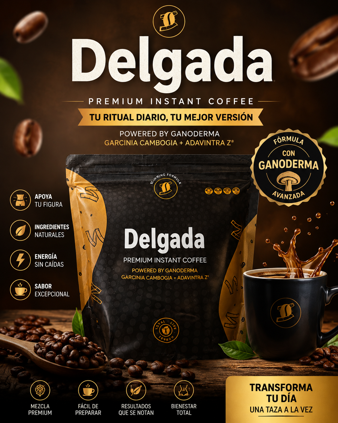 Coffee Slim Delgada con hongo Ganoderma Lucidum Intense Burn Diet - Café Instantáneo para Adelgazar