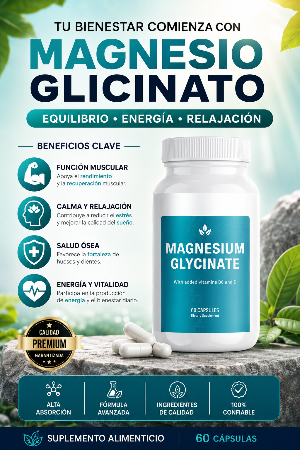 Magnesium Glycinate con Vitaminas B6 y D – Soporte Muscular y Bienestar | 60 Cápsulas
