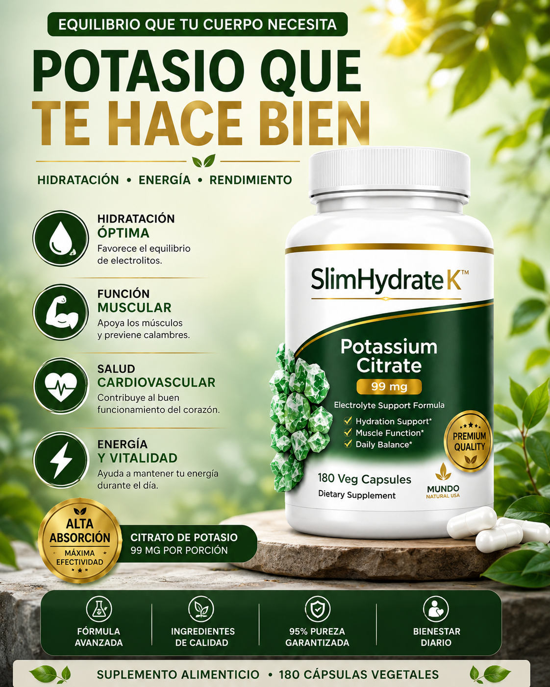 SlimHydrate Potasio Citrate 99mg – Electrolyte Support Formula | 180 Veg Capsules