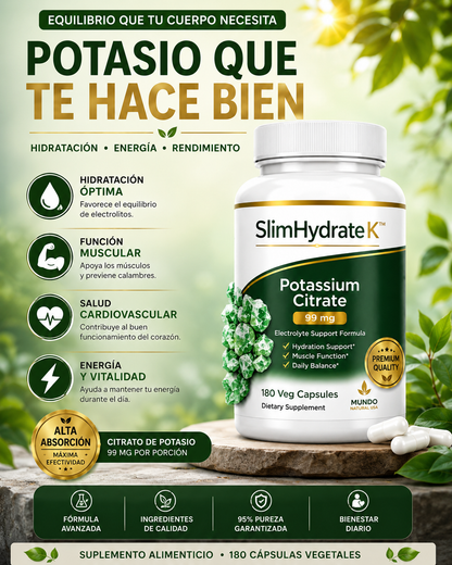 SlimHydrate Potasio Citrate 99mg – Electrolyte Support Formula | 180 Veg Capsules