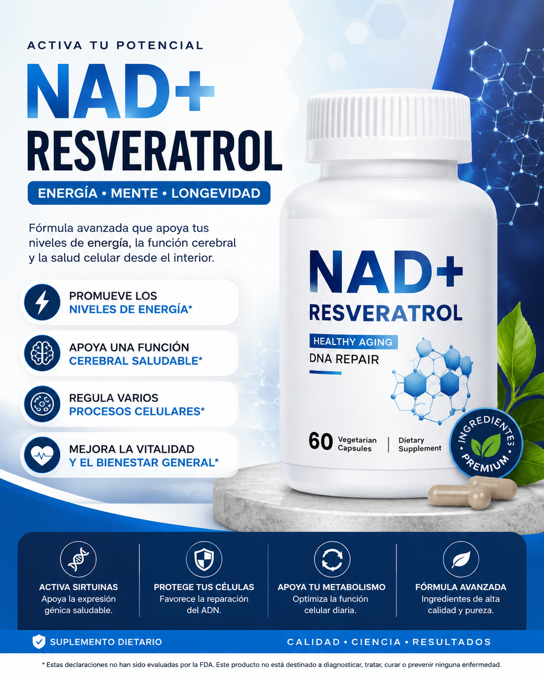 NAD - Resveratrol Berberina Ácido Hialurónico 500 mg Anti-envejecimiento