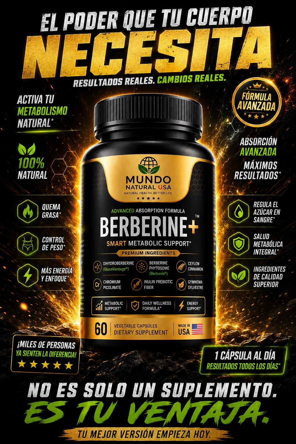 Mundo Natural USA Berberine+ GLP| Advanced Metabolic Support Formula | 60 Capsules
