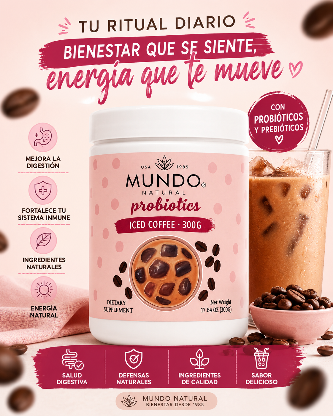 Flat Tummy Iced Coffee Mundo Natural Probiotics 300g | Café con Probióticos y Prebióticos