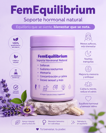 FemEquilibrium -Equilibrio Hormonal Sudores nocturnos, Memoria, Concentración y calma, Deseo sexual y más.