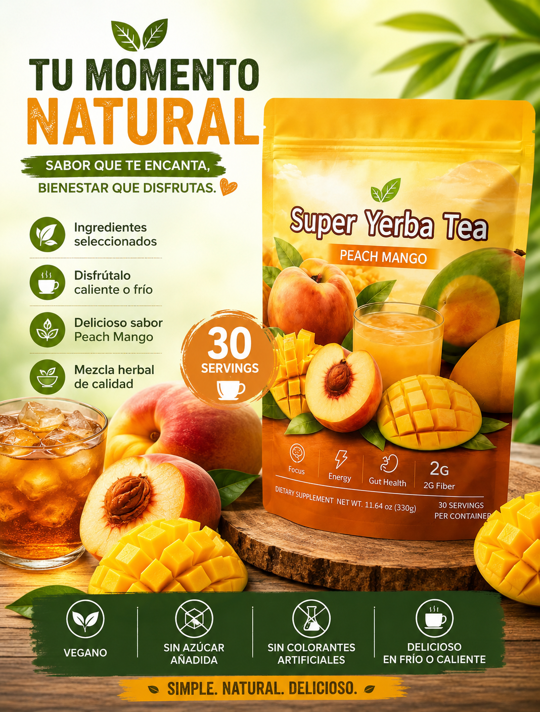 Durazno🍑 y Mango🥭 Tea- Te Super Yerba Tea Peach Mango | Tropical Herbal Tea Drink Mix | 30 Servings
