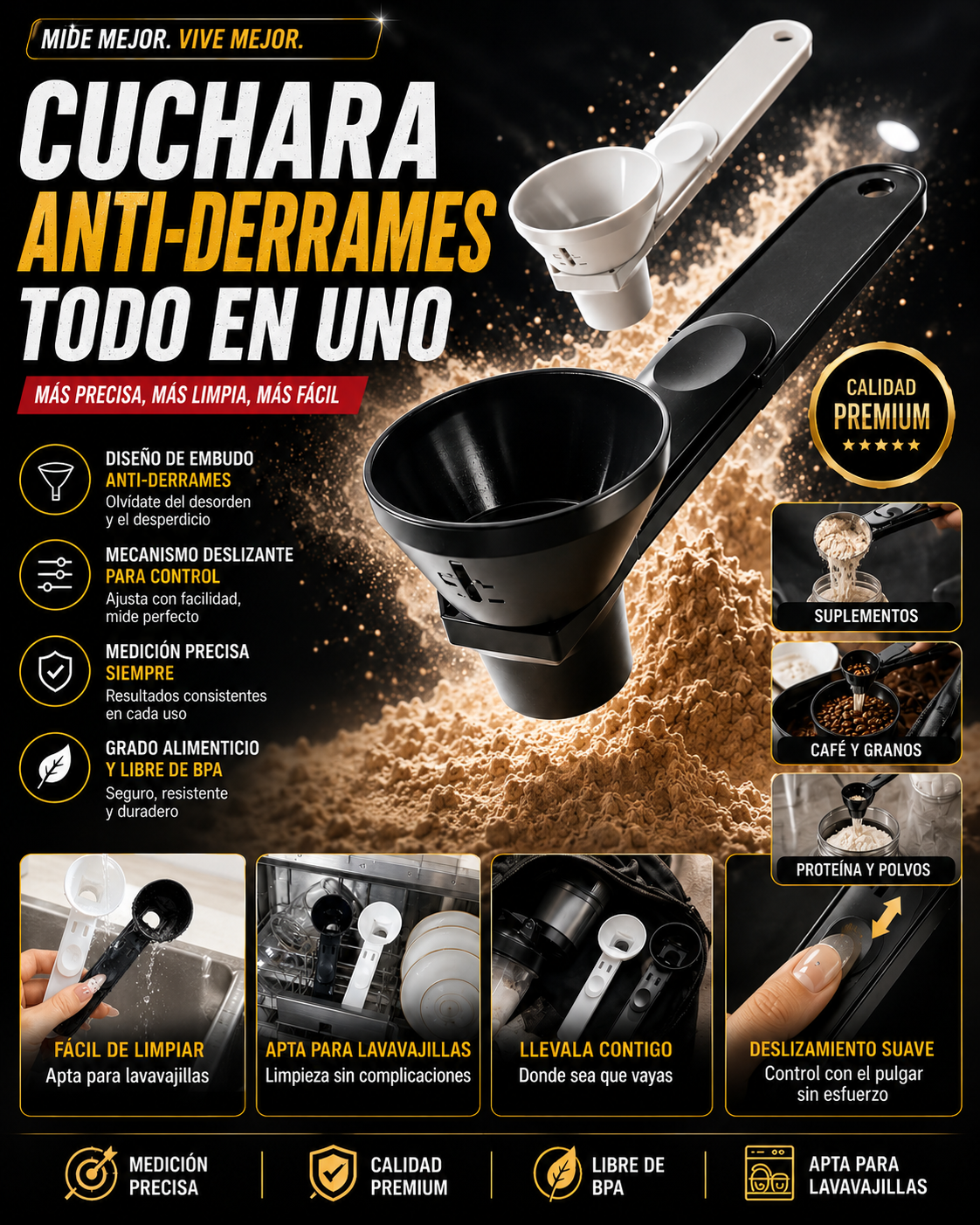 Cuchara medidora premium para proteína en polvo, suplementos y café | 2 Cucharas de grado alimenticio libre de BPA