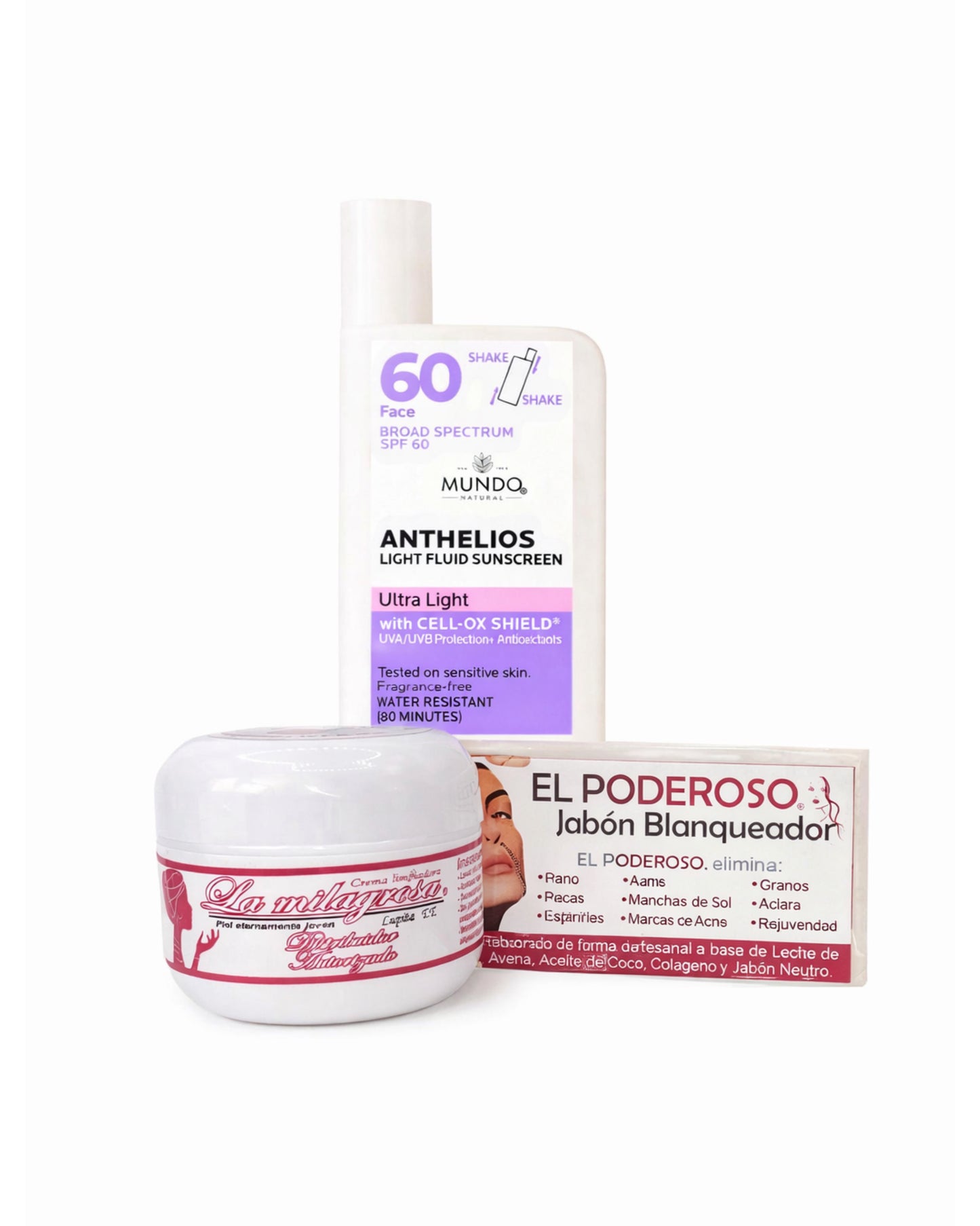 La Milagrosa Crema facial + jabón el poderoso + Protector solar para rostro FPS 50 liquido