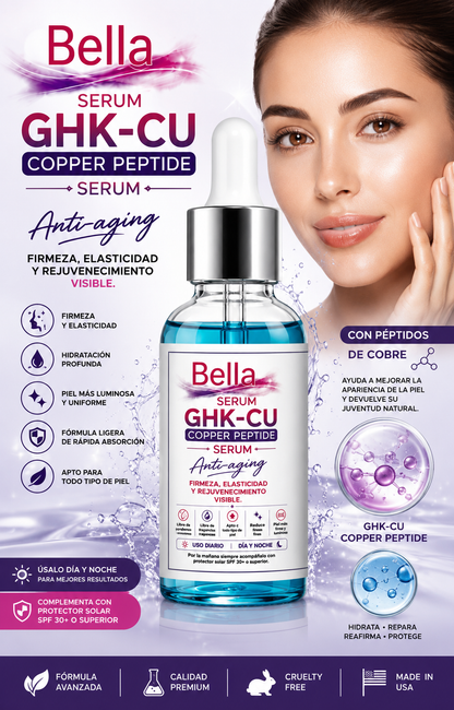 Bella GHK-CU Copper Peptide Serum | Suero Facial Reafirmante e Hidratante Anti-Aging 30 ml