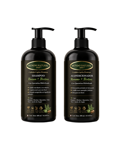 Kit Dúo Romero + Biotina con Queratina (Shampoo + Acondicionador) | Hidratación, Brillo y Cabello Suave, Brillante y Manejable