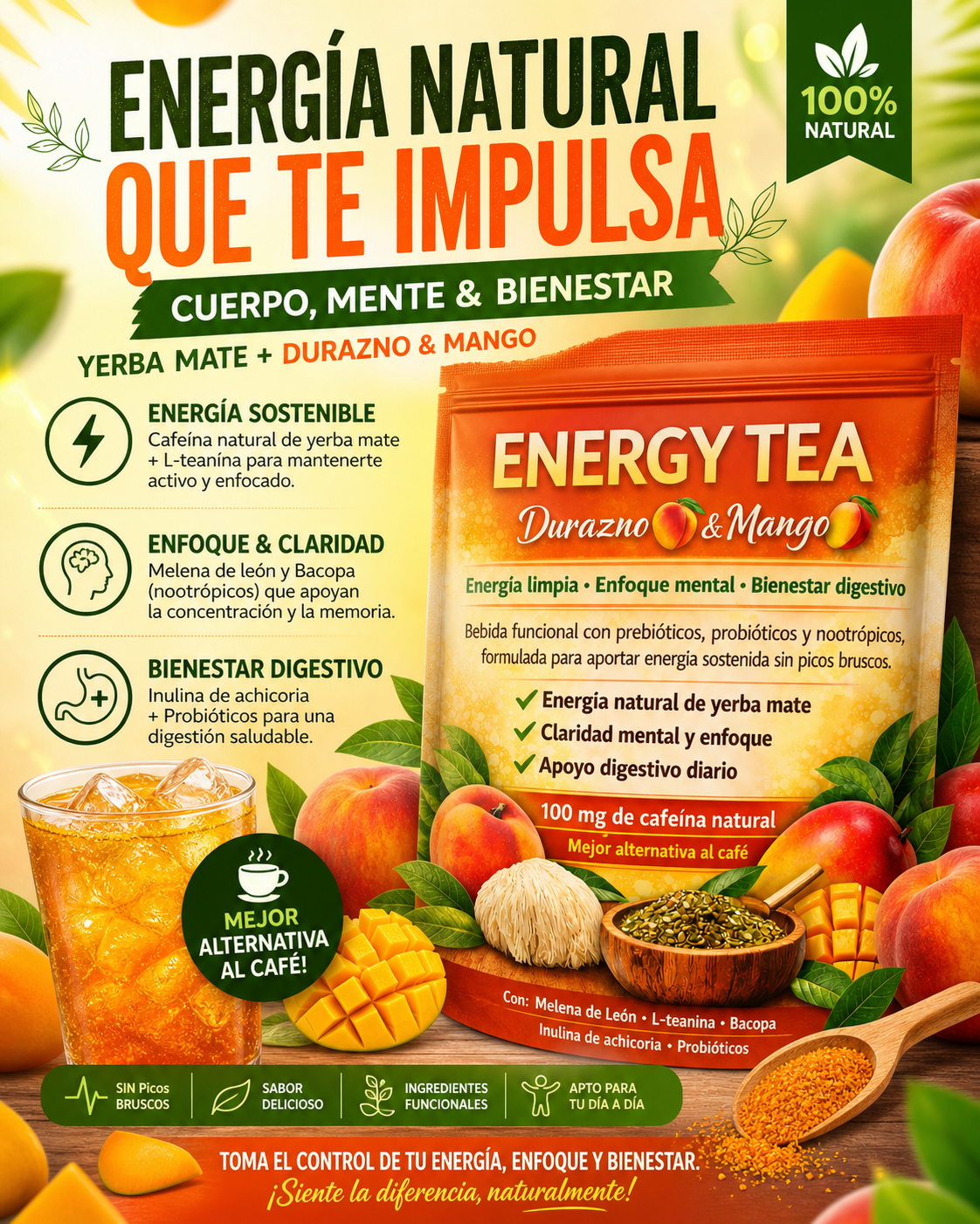 Durazno🍑 y Mango🥭 Tea- Te Super Yerba Tea Peach Mango | Tropical Herbal Tea Drink Mix | 30 Servings