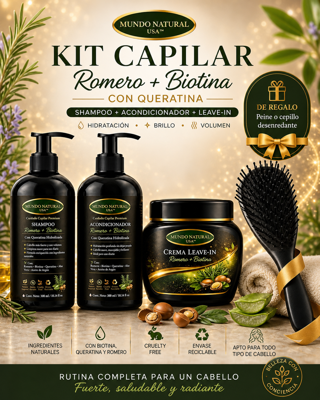 Kit Capilar Romero + Biotina con Queratina (Shampoo + Acondicionador + Leave-In) | Hidratación, Brillo y Volumen