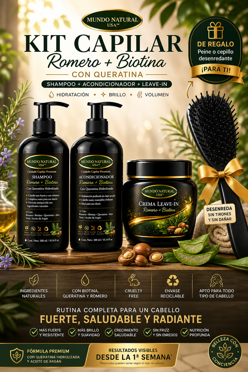 Kit Capilar Romero + Biotina con Queratina (Shampoo + Acondicionador + Leave-In) | Hidratación, Brillo y Volumen