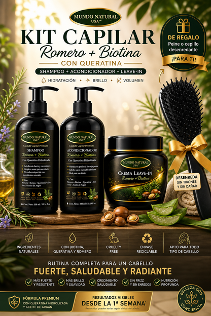Kit Capilar Romero + Biotina con Queratina (Shampoo + Acondicionador + Leave-In) | Hidratación, Brillo y Volumen