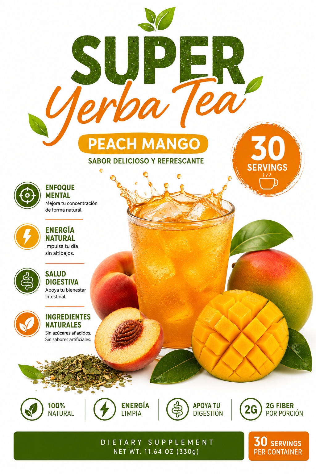 Durazno🍑 y Mango🥭 Tea- Te Super Yerba Tea Peach Mango | Tropical Herbal Tea Drink Mix | 30 Servings